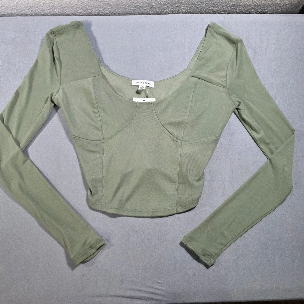 Stitch & Pine Women Seaspray Green Corset Style Long Sleeve Crop Top Small NEW